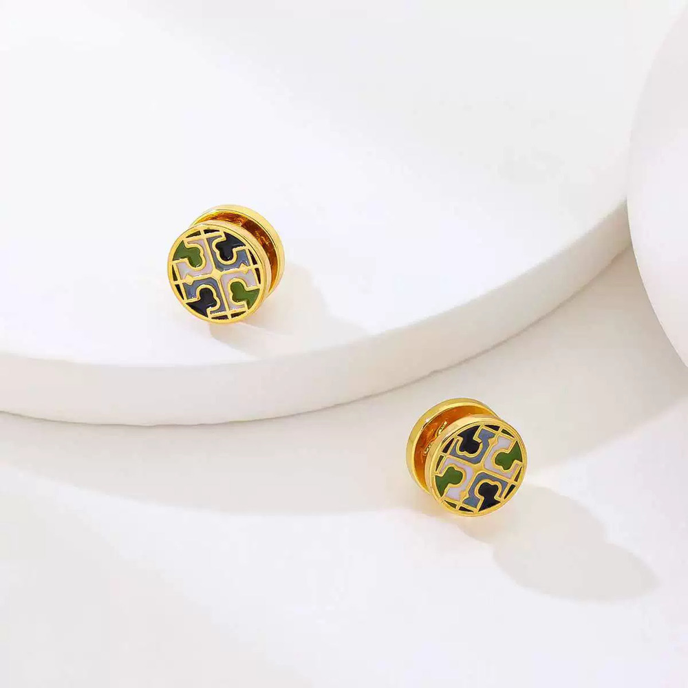 Tory Burch Round Geometric Enamel Stud Earrings Multicolor Pair
